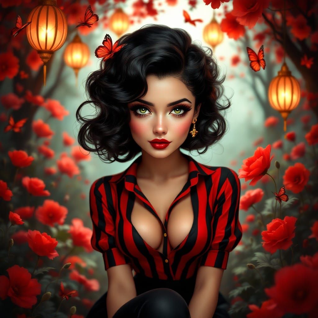 Betty Boop in Elegant Red and Black Satin Stripes with Green...