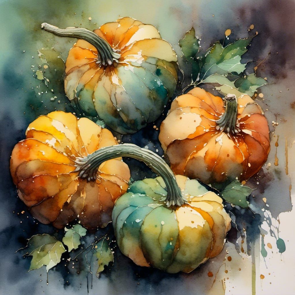 Watercolor Still Life of Autumn Gourds and Pumpkins
