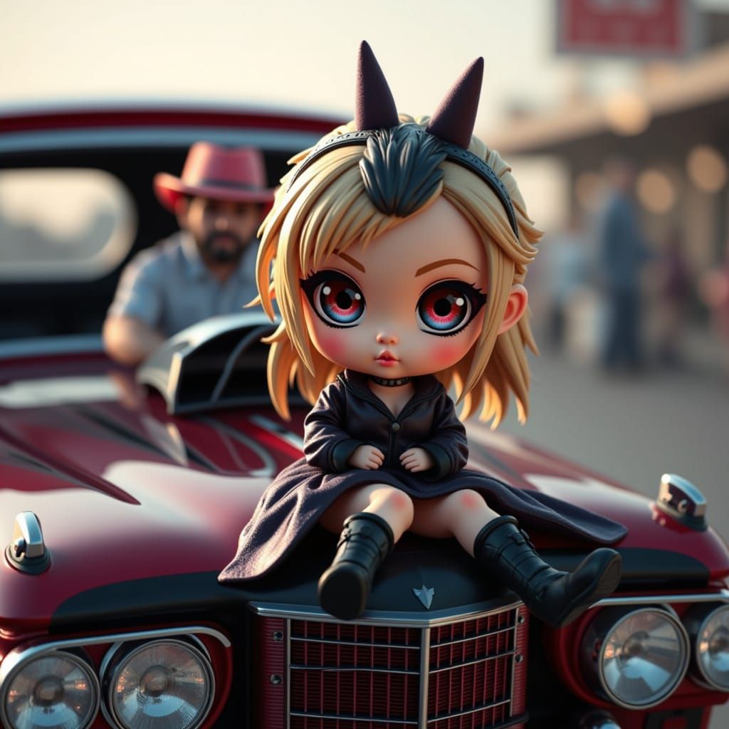 Cute Pinup Girl Riding a Vintage Hotrod