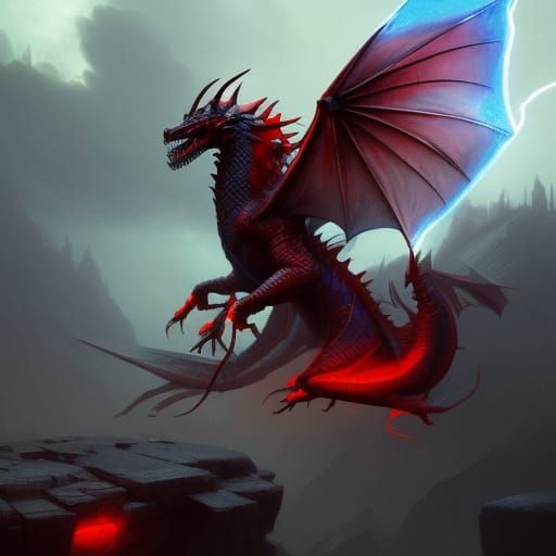 Red Dragon with Blue Lightning: Dark Fantasy Art
