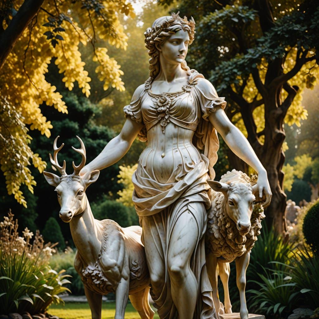 Artemis and Deer Sculpture in Michelangelo Style
