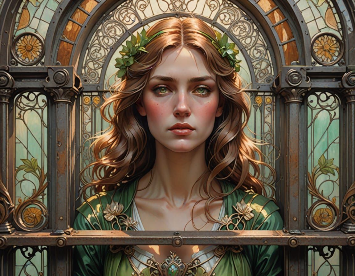 Ethereal Art Nouveau Woman Amidst Ornate Ironwork