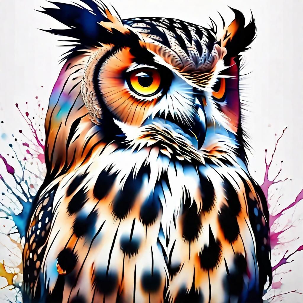 Stunning Owl with Reflective Eyes: Inkblot Drawing
