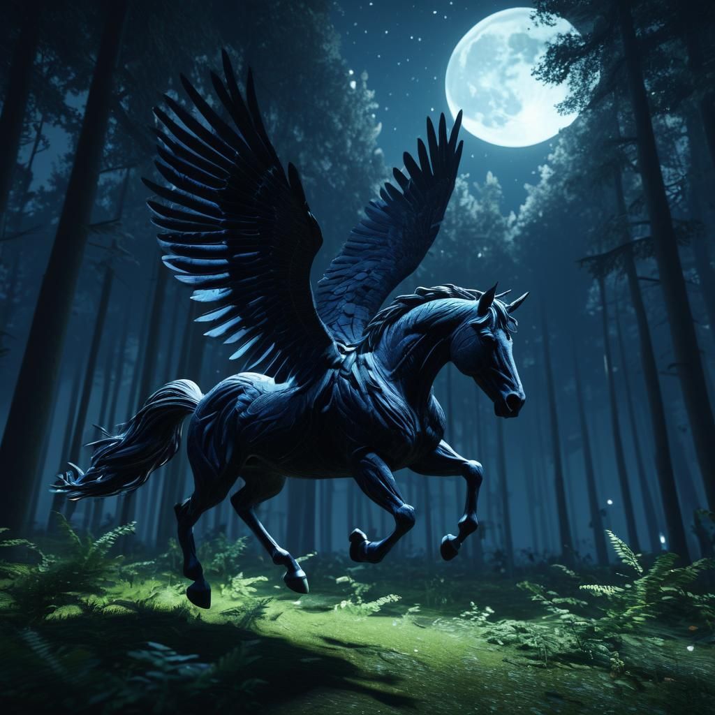 Midnight Pegasus flying through the forest at night
