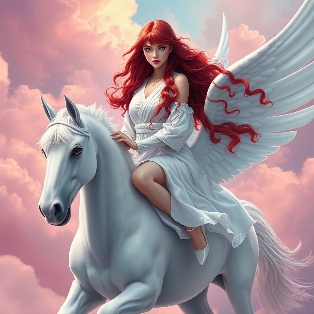 Woman on Pegasus in Pink Clouds: Fantasy Art