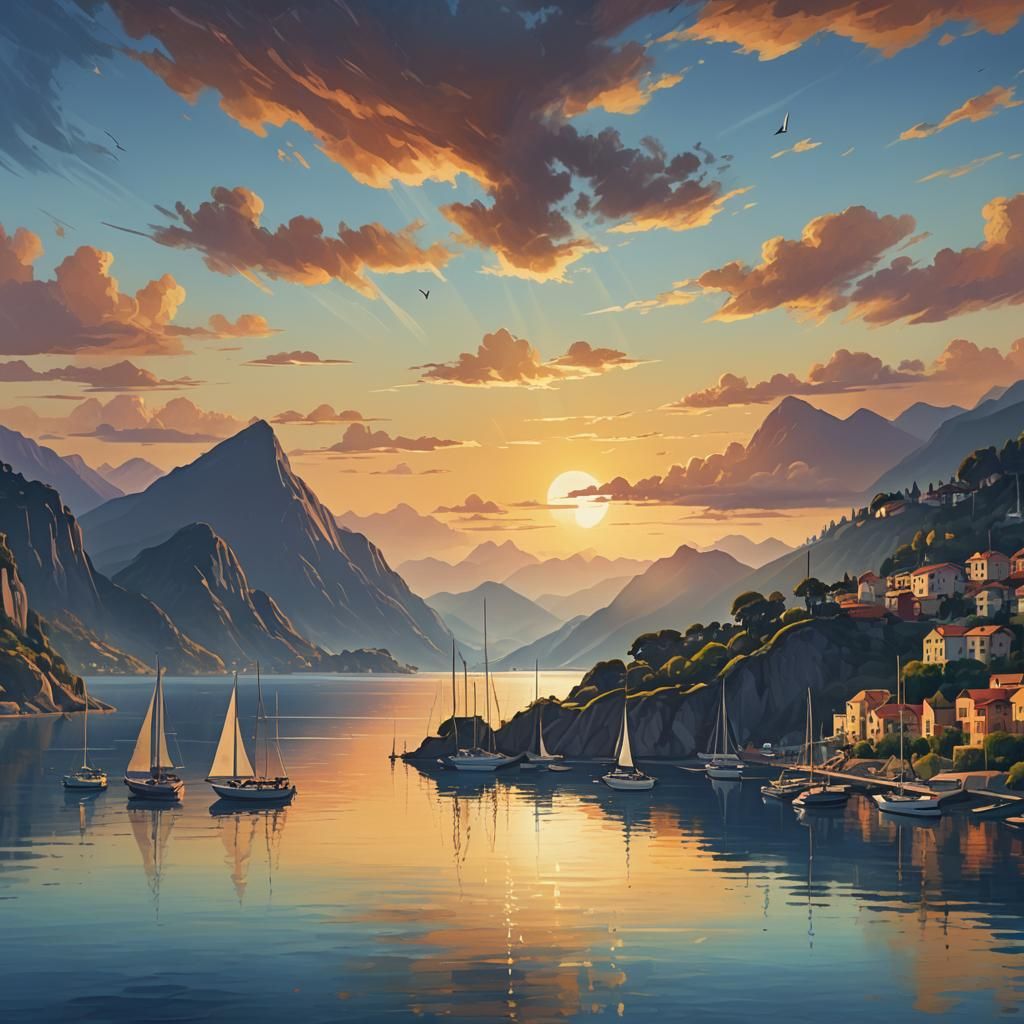 Sunset Bay with Sailboats in Fauvist Style