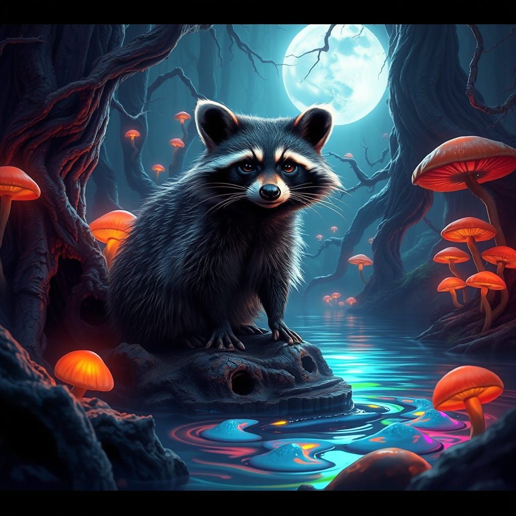 Mystical Raccoon in a Dreamlike Moonlit Forest