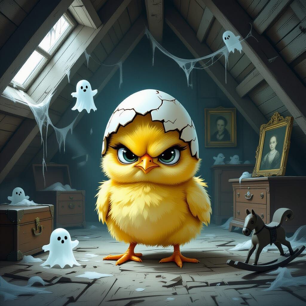 Grumpy Chick in Ghostly Attic, Tim Burton Style