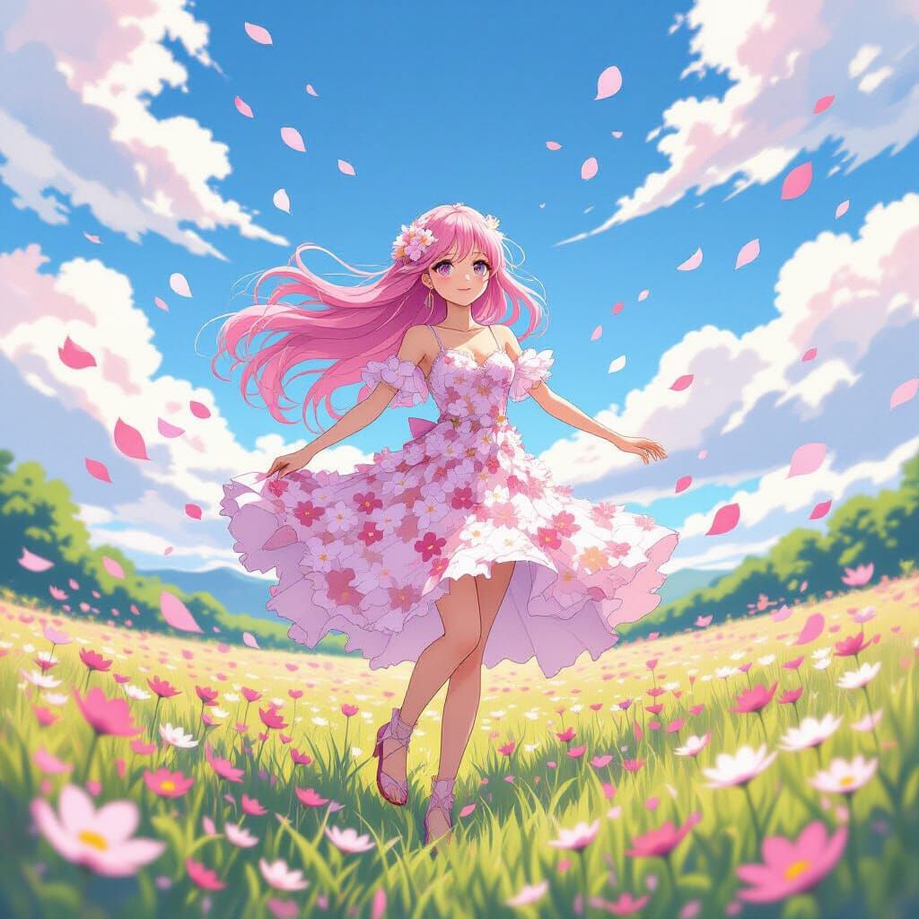 Girl Dancing in Cherry Blossom Meadow, Anime Style