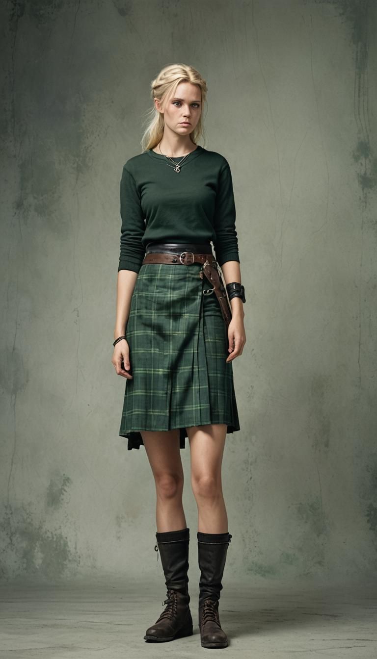 Contemplative Viking Woman in Plaid Miniskirt