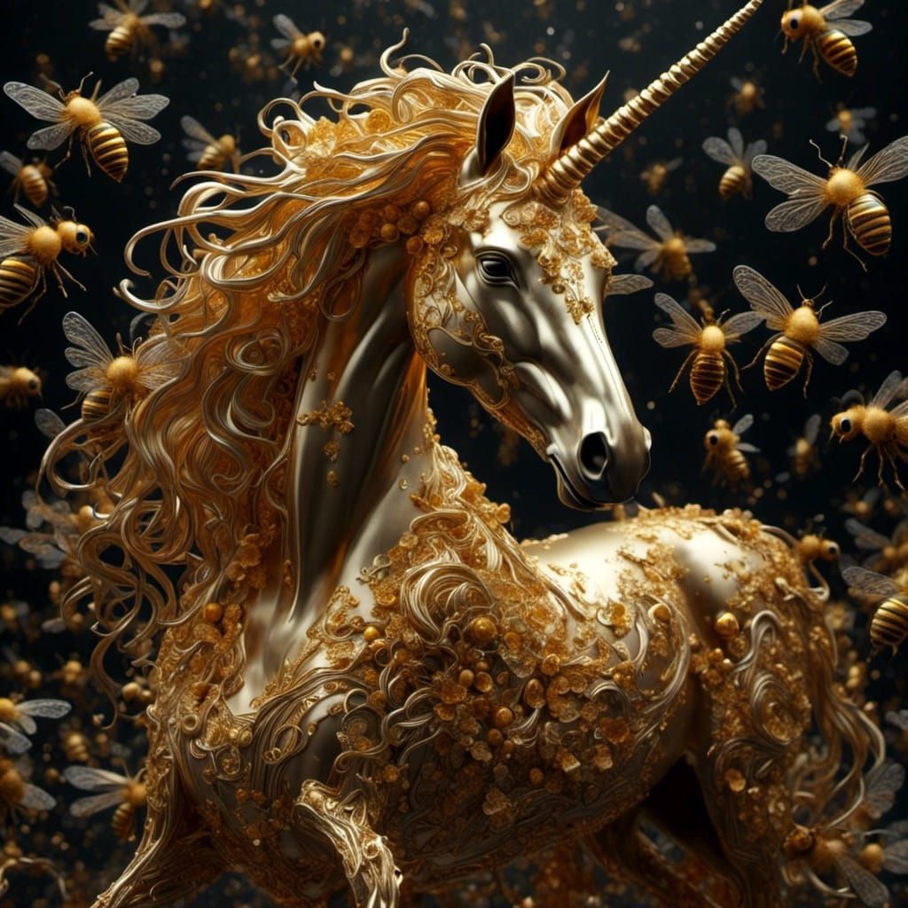 Golden Honey Unicorn with Bees, Hyperreal