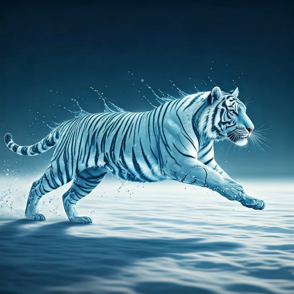 Ethereal Water Tiger Sprints Across Snowy Landscape