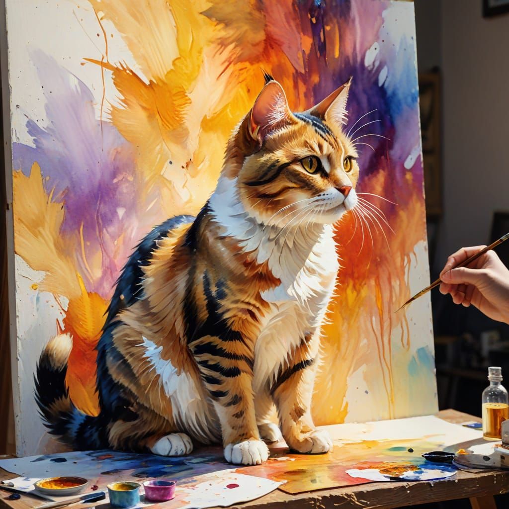 Artist Painting Cat in Studio: Colorful Expressionist Oil