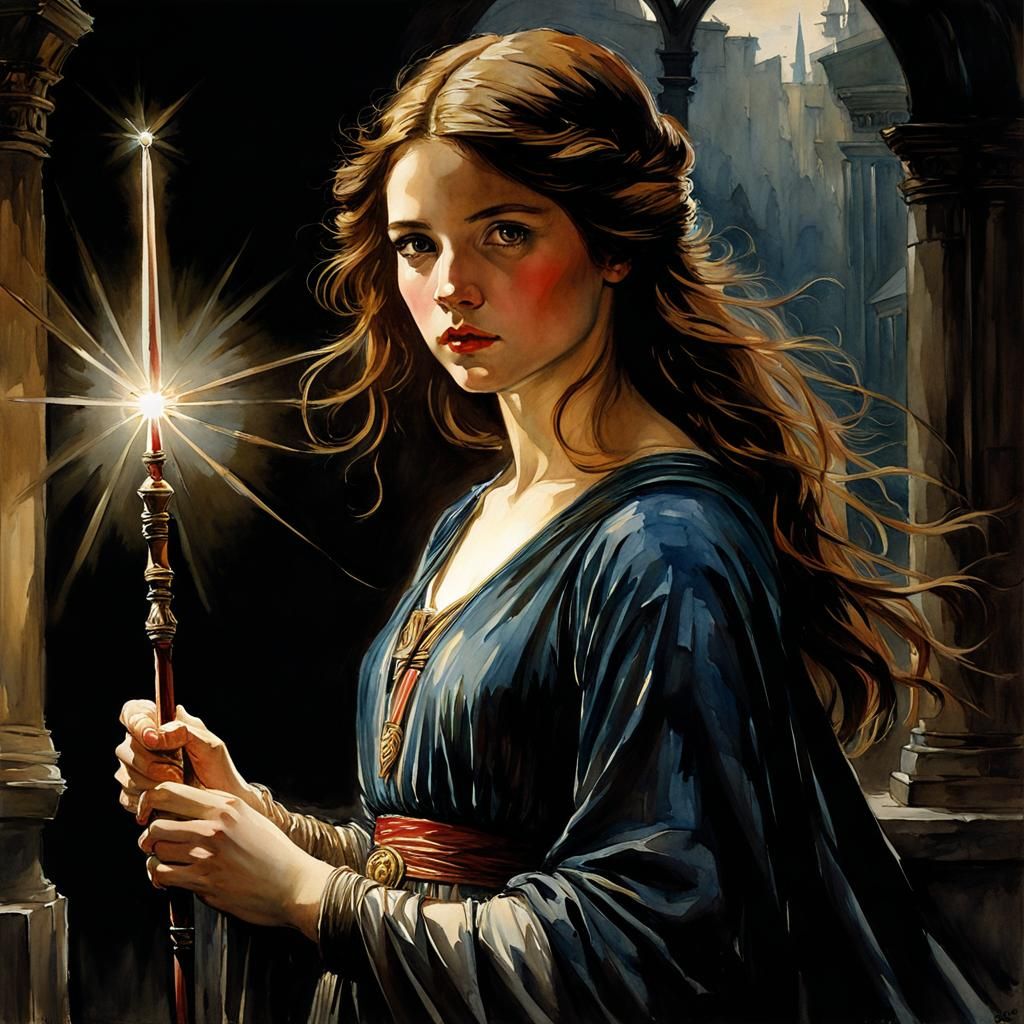 Watercolor Woman with Wand in Chiaroscuro Style