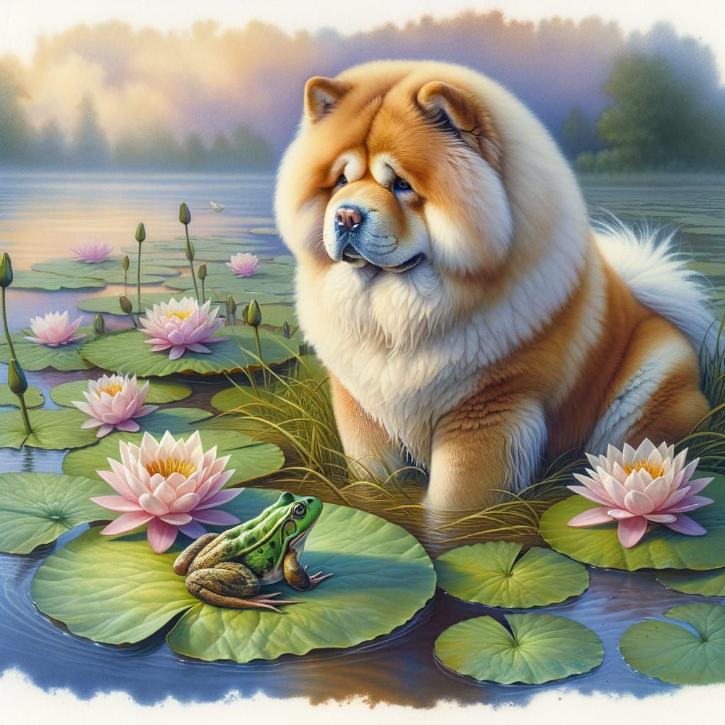 Chow-Chow and Frog in Lily Lake, Oil Watercolor