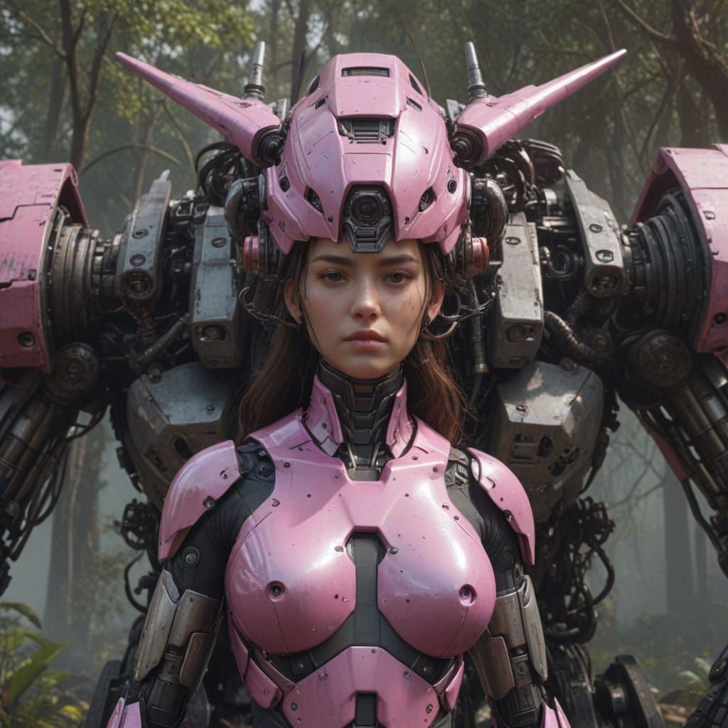 Cyborg Warrior Beside Mecha, in Futuristic Industrial Landsc...