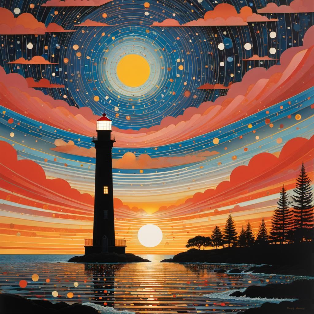Lighthouse at Sunset: Mid-Century Modern Impression