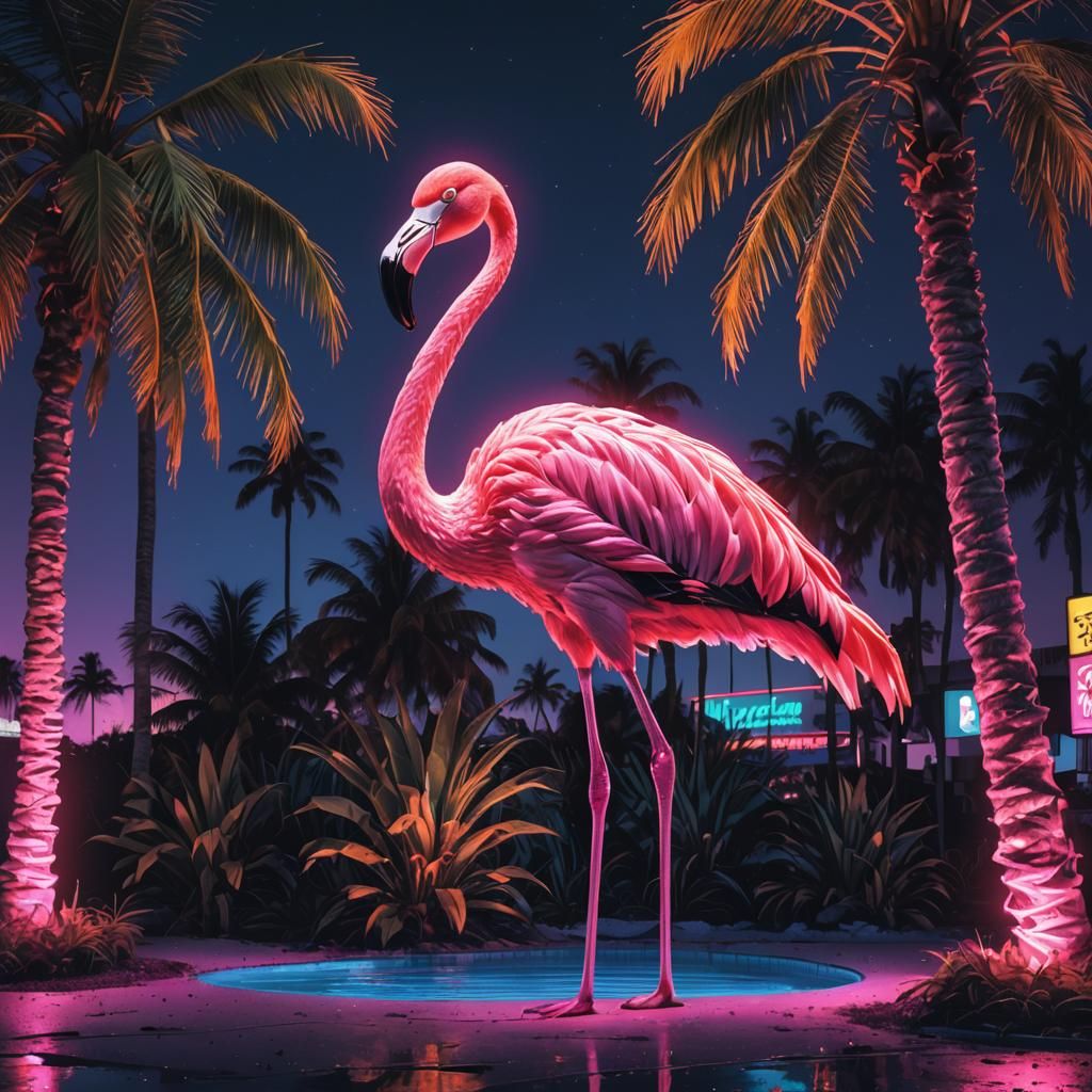 Miami Flamingo in Synthwave Neon Retro Style
