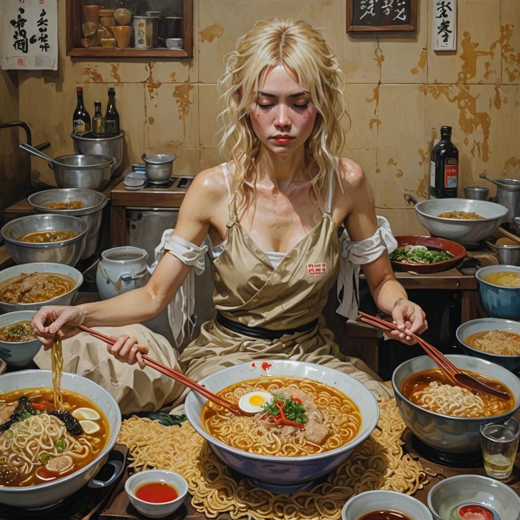 Blonde Woman's Ramen Bath Inspired by Academic Realism