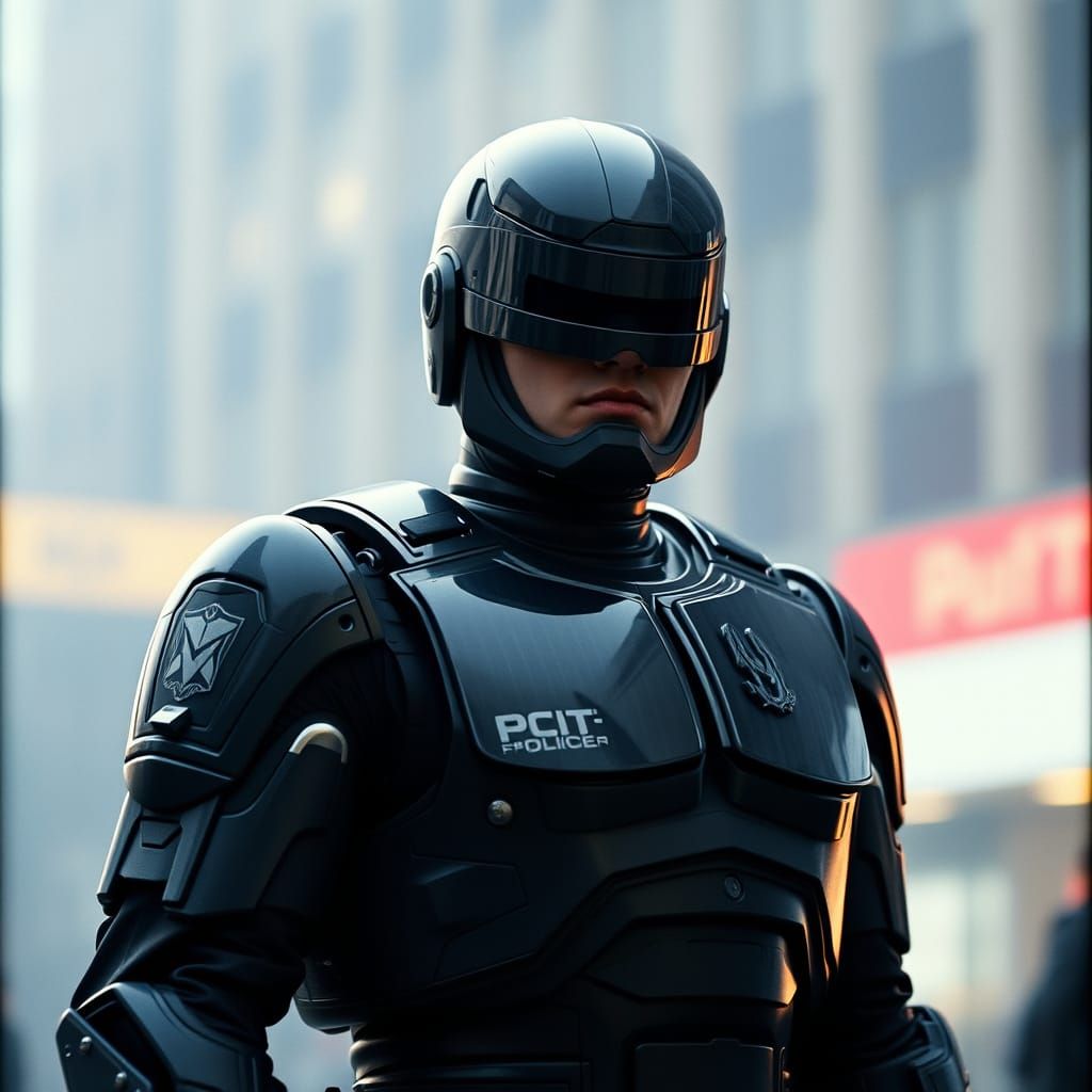 Futuristic Robocop in Navy Blue Uniform, Dystopian Atmospher...