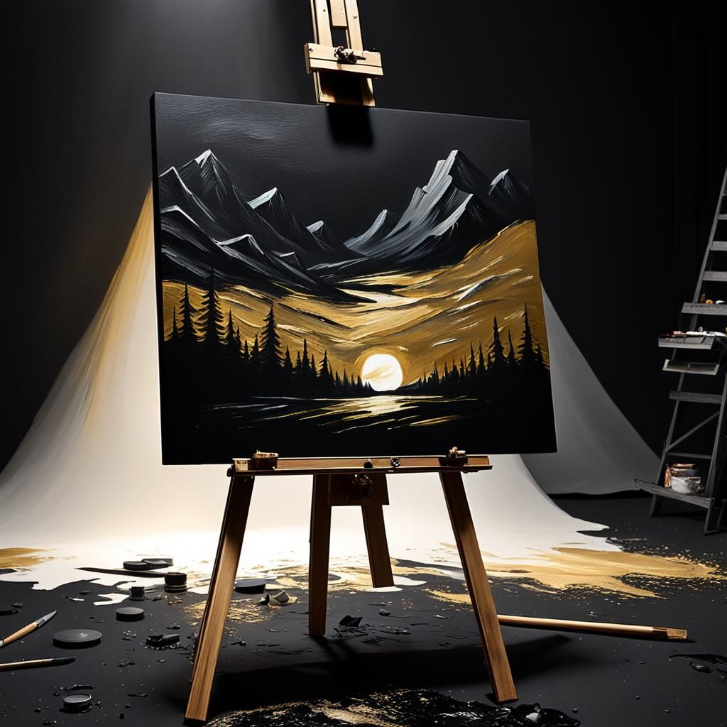 Black Canvas Painting with Golden Highlights in Grunge Style