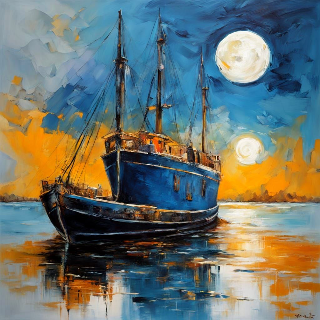 Weathered Ship Under Full Moonlit Night Sky