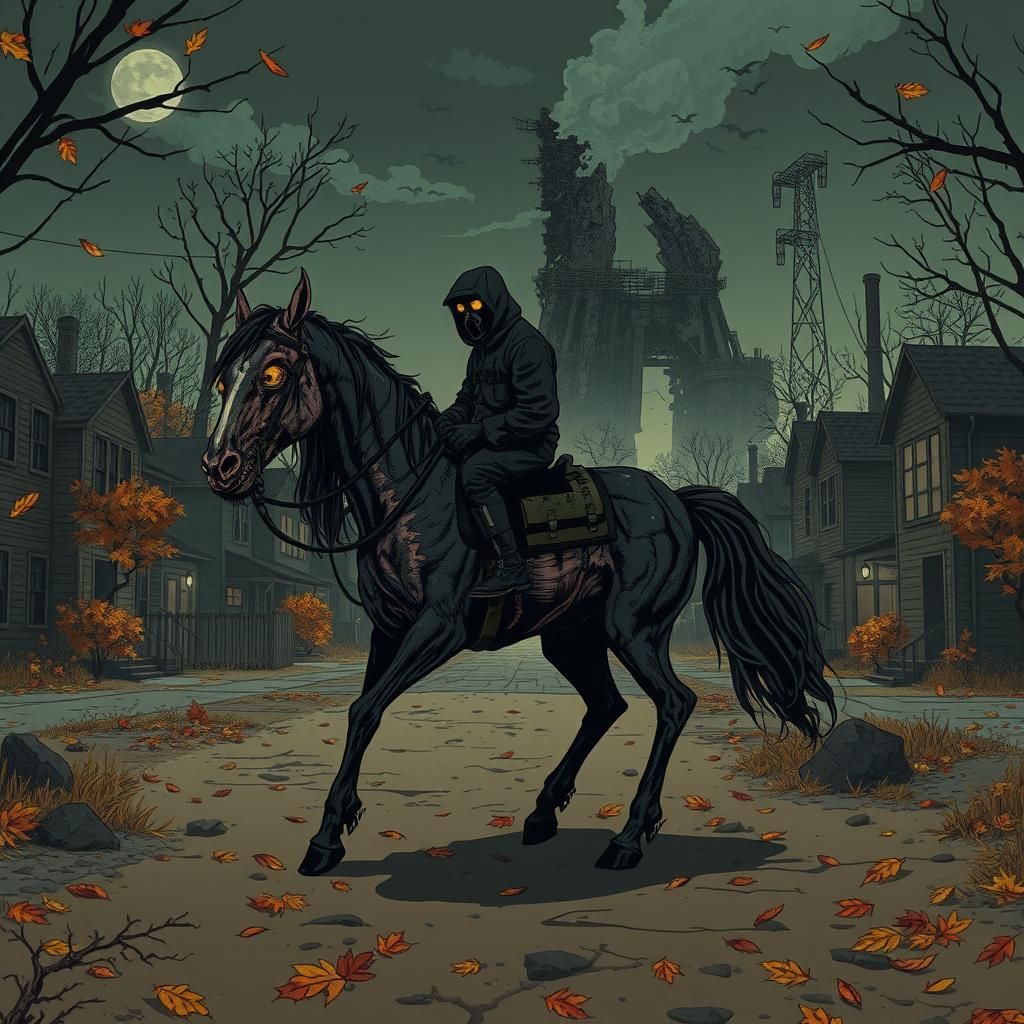 Post-Apocalyptic Rider on Halloween, Gothic Illustration