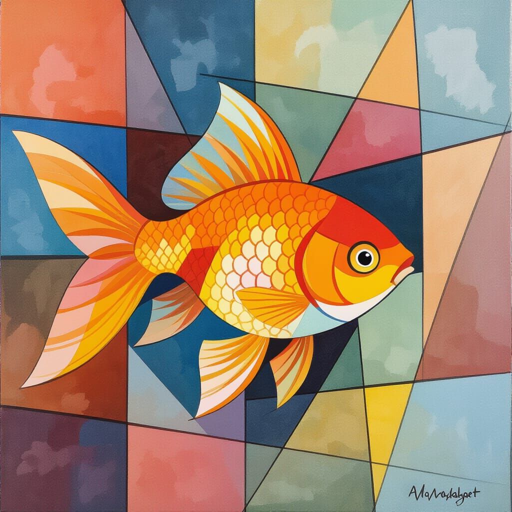 Cubist Goldfish Watercolor Painting in Picasso Style