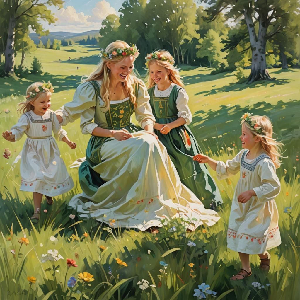 Nordic Queen Playing with Children as Impasto Oil Painting
