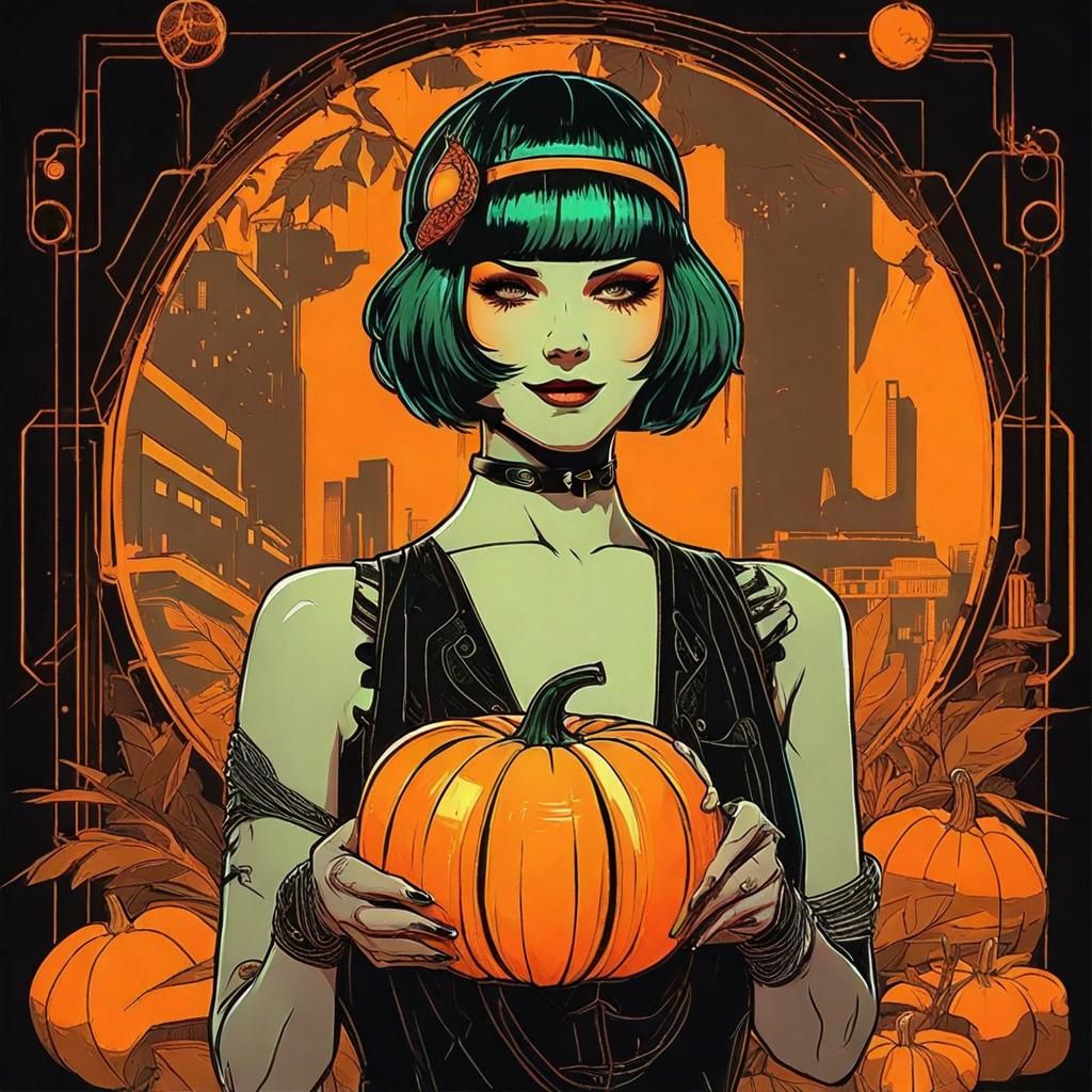 Flapper with Pumpkin in Cyberpunk Neon Style