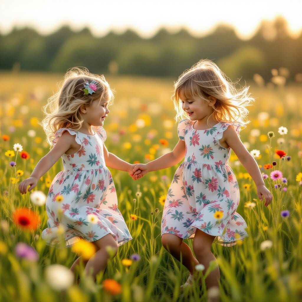 Girls Dancing in a Flower Field