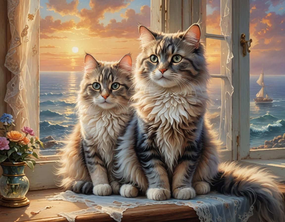 Fluffy Cat Silhouetted at Sunset: Ethereal Fantasy