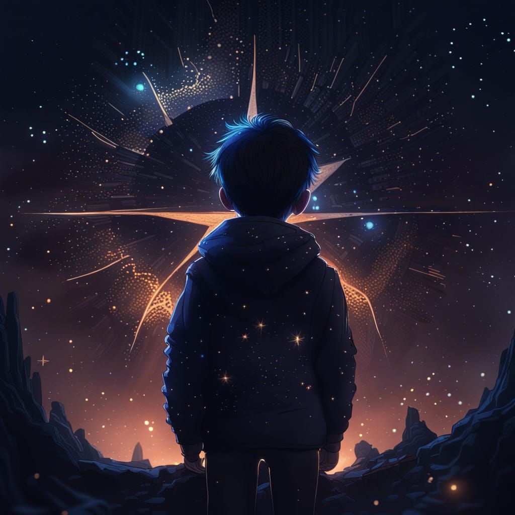 Boy Gazing at Starry Night Sky: Detailed Matte Painting