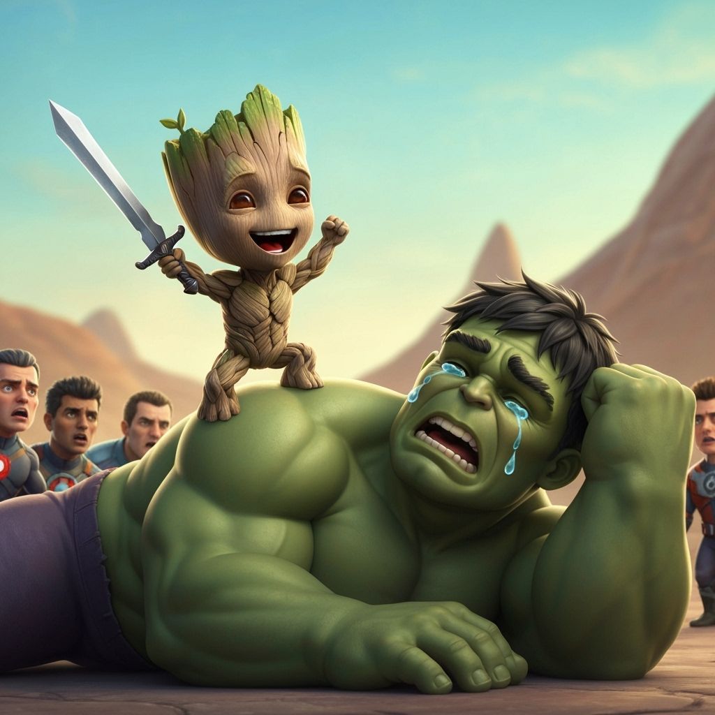Baby Groot Triumphs Over Crying Hulk with Sword
