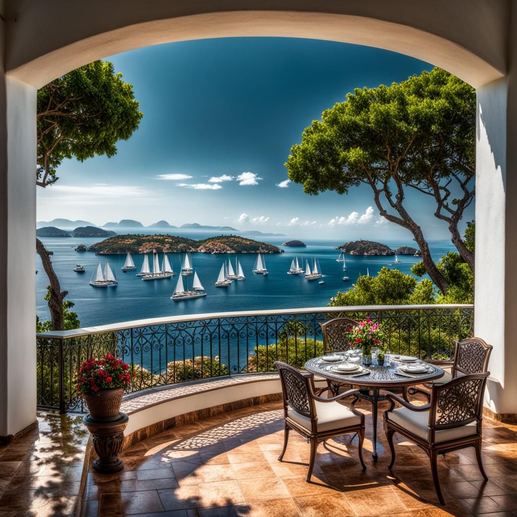 Picturesque Villa Terrace Overlooking Bay: Hyperrealistic HD...