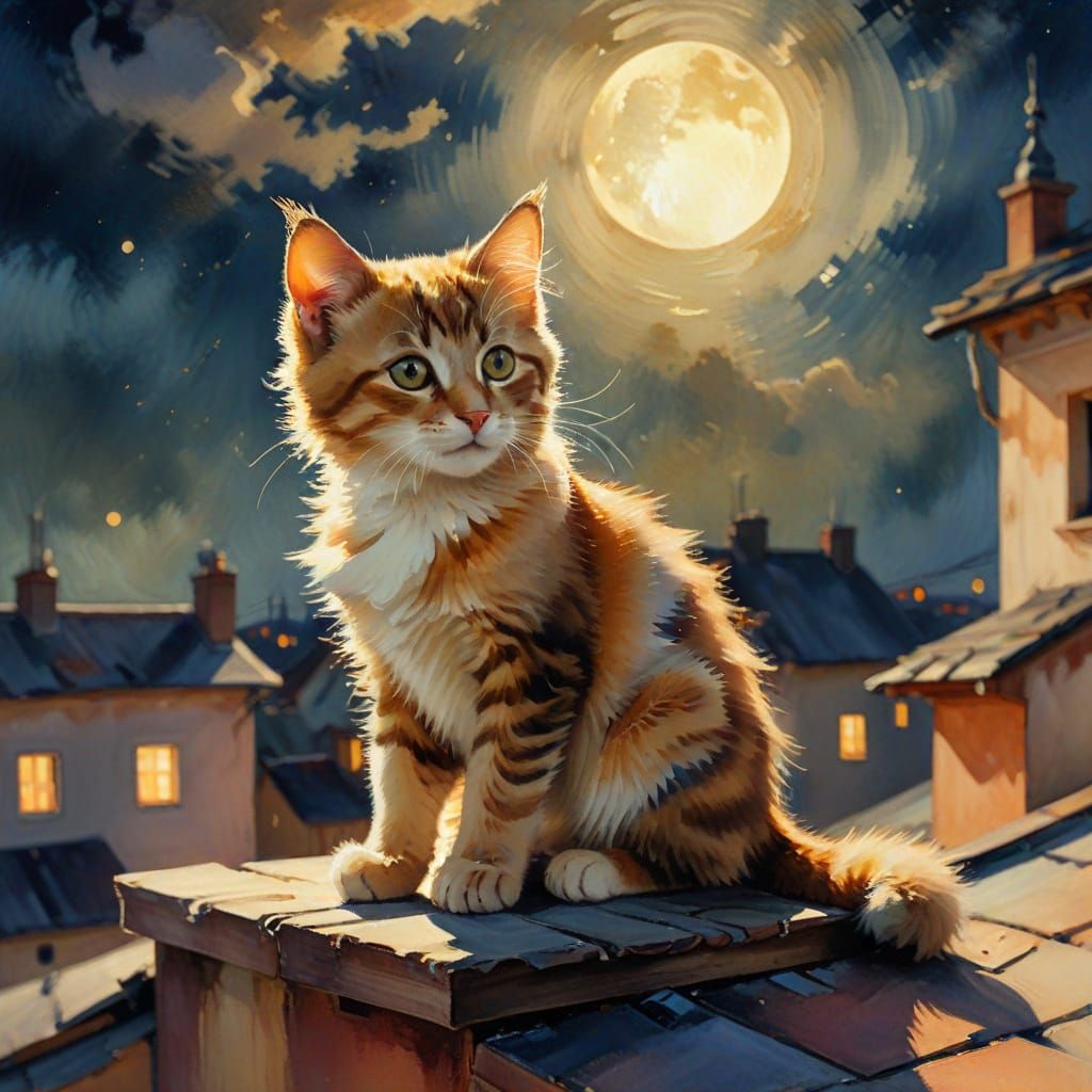 Moonlit Kitten Watercolor in Style of Loish