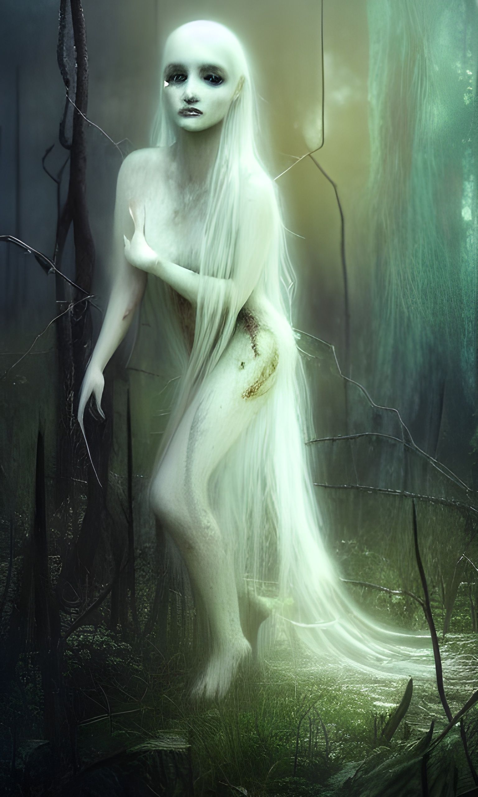 Ethereal Ghost in Eerie Swamp, Mixed Media Illustration