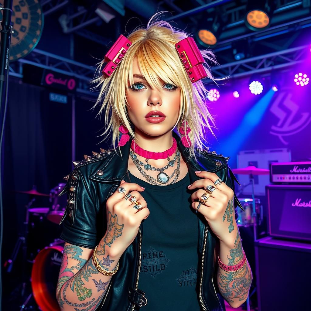 Stunning Blonde with coloured tattoos, pink jewerly, pink peircings, punk rock clothes 
rockstar background