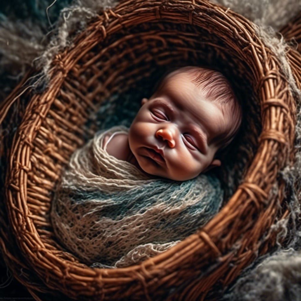 Baby in Wicker Basket as Grungy Oil Painting