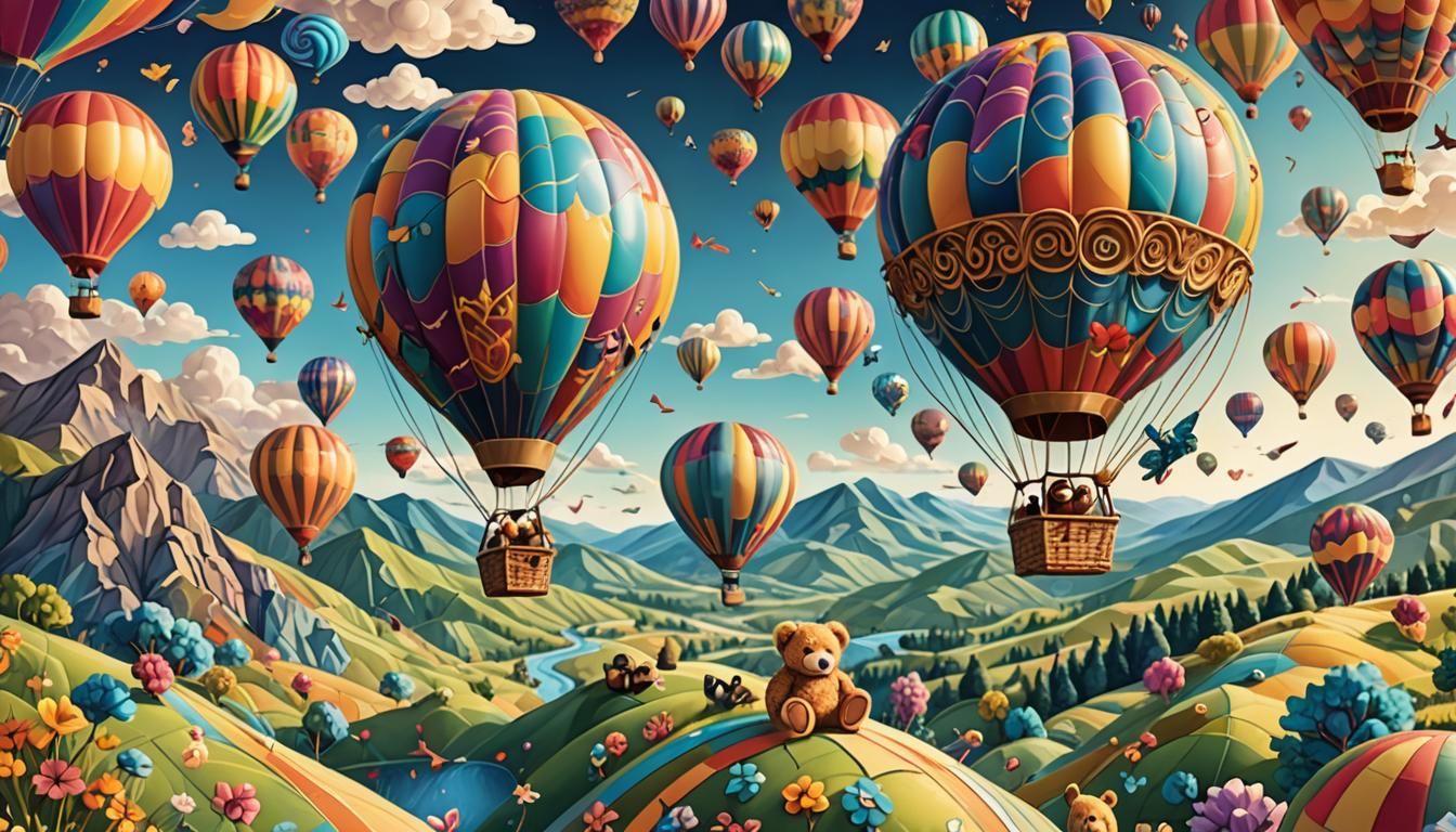 Teddy Bears in Hot Air Balloon, Whimsical Landscape