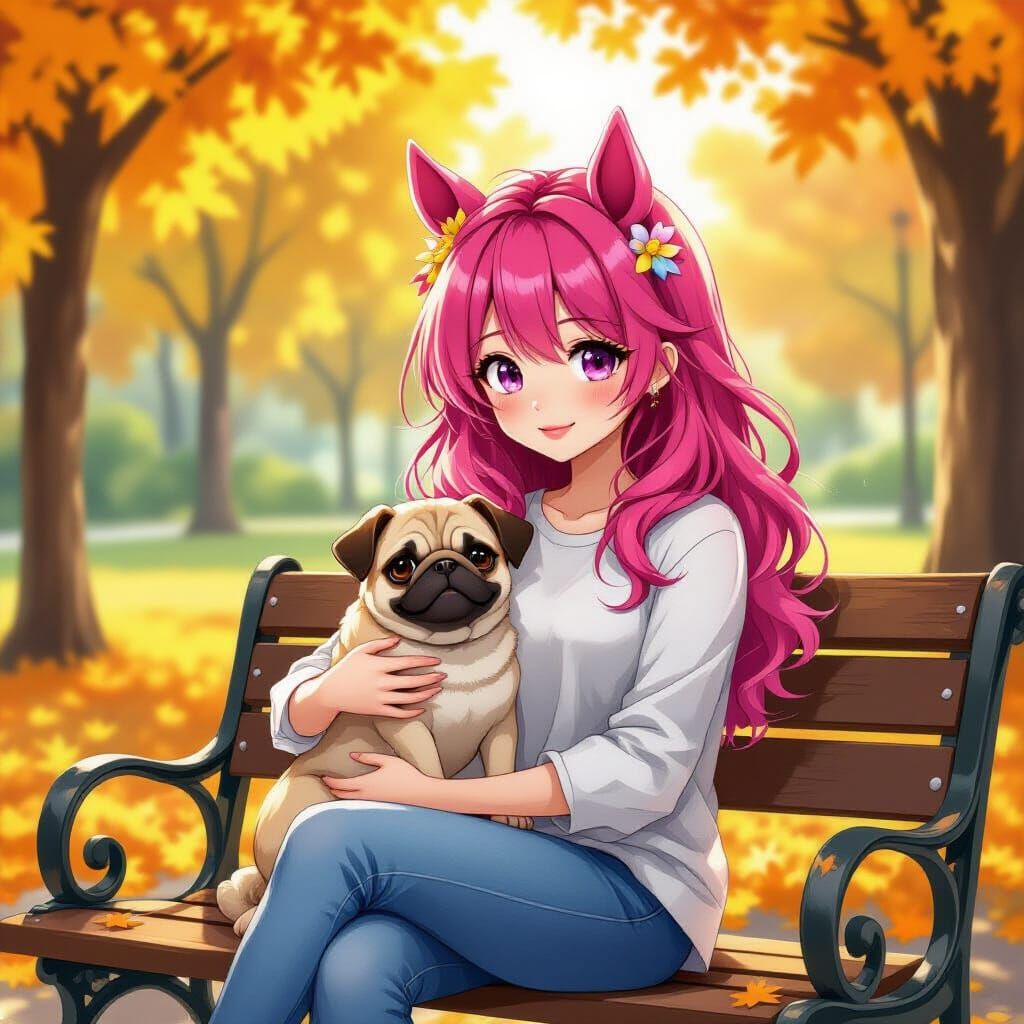 Anime Girl with Pink Hair and Horse Ears Holds Pug