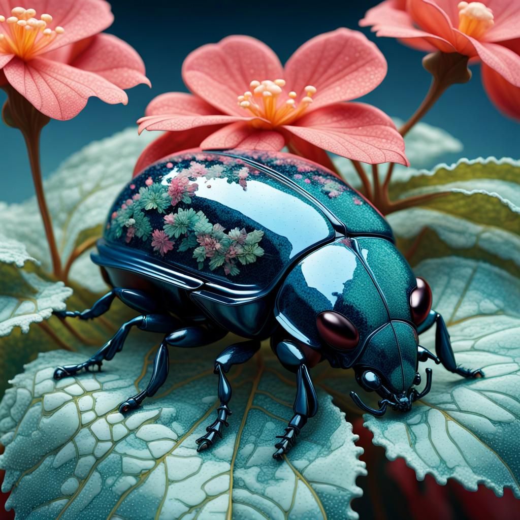 Surreal Beetle on Begonia Ceramic Textile Digital Art