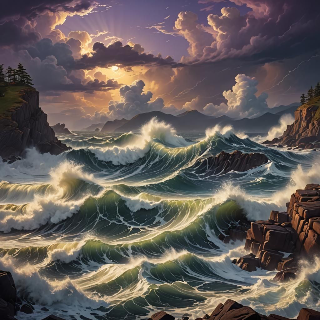 Stormy Sea Digital Matte Painting in Hudson River Style