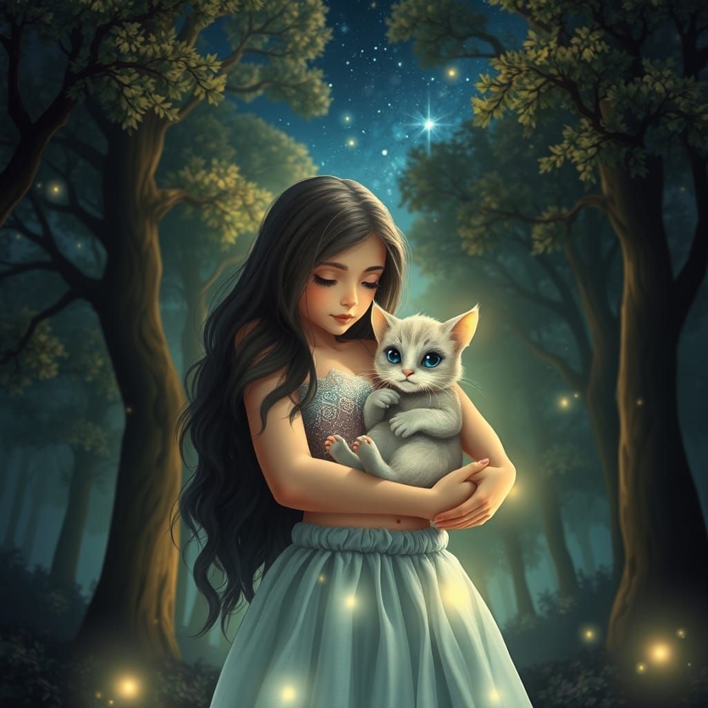 Ethereal Forest Scene: Girl with Kitten in Magic Night