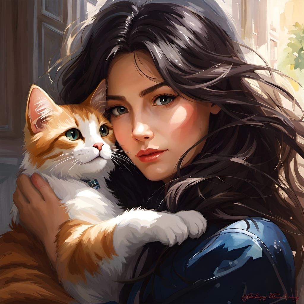 Cat Hugging Woman in Oil Painting Style