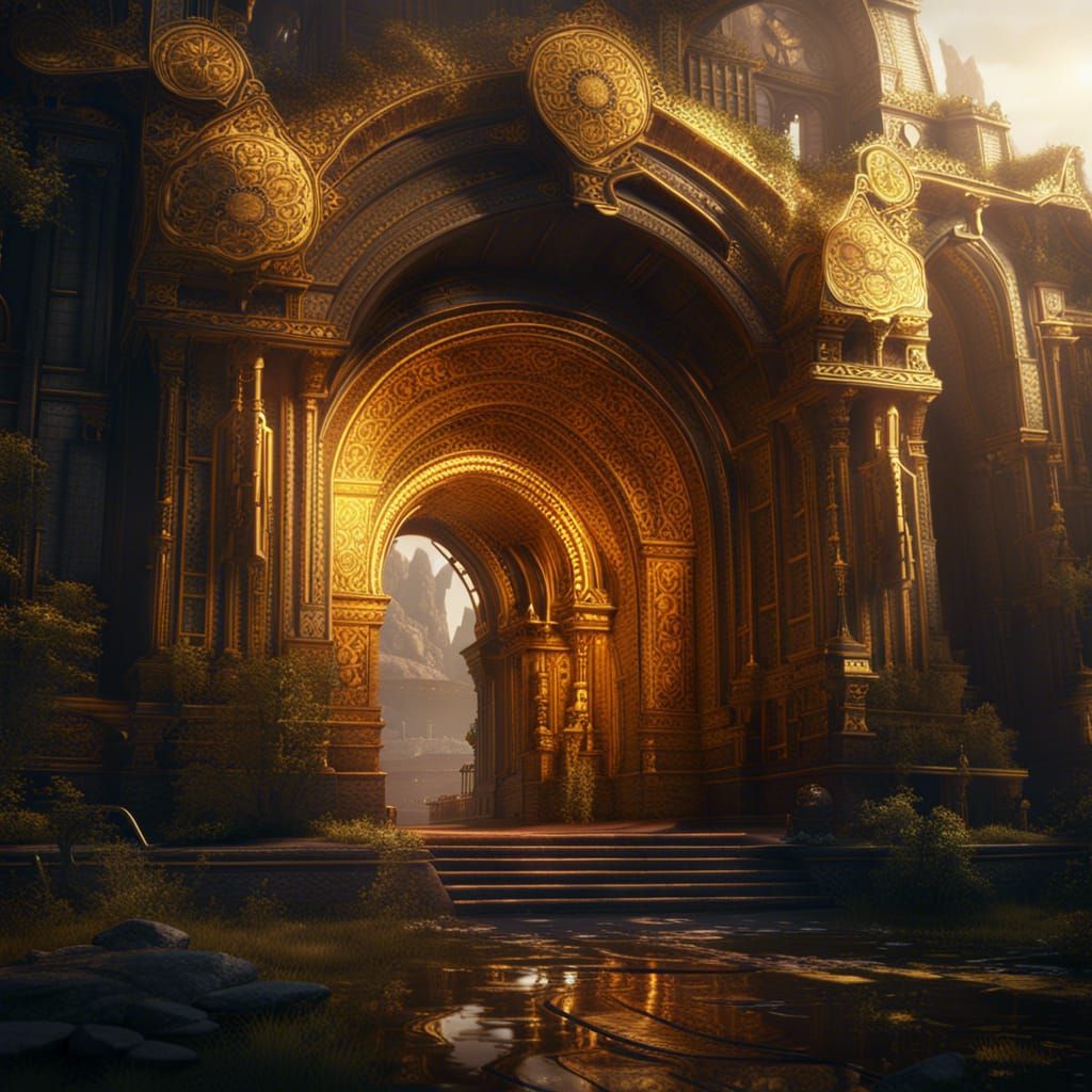 Golden Portal to Ancient City: Fantasy Concept Art