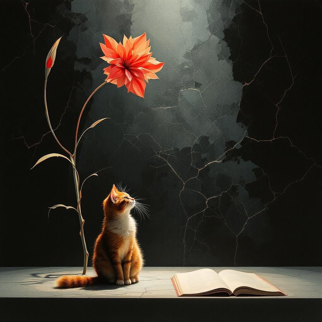 Surreal Cat Under Dahlia: Deyneka, Magritte, de Chirico