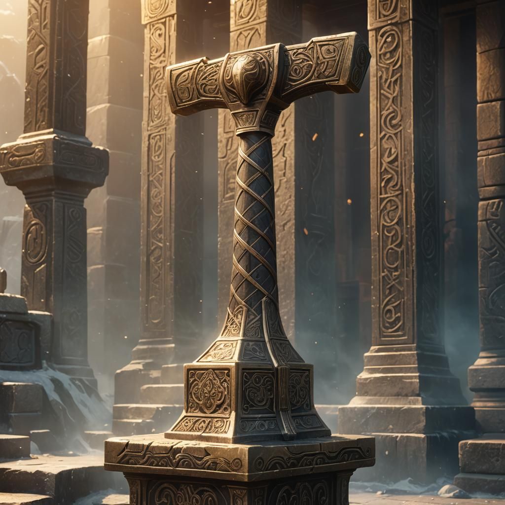 Mjolnir in Ancient Temple: Norse Mythology Art