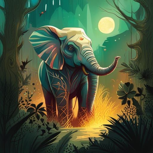 Luminous Elephant with Golden Outlines: Digital Art
