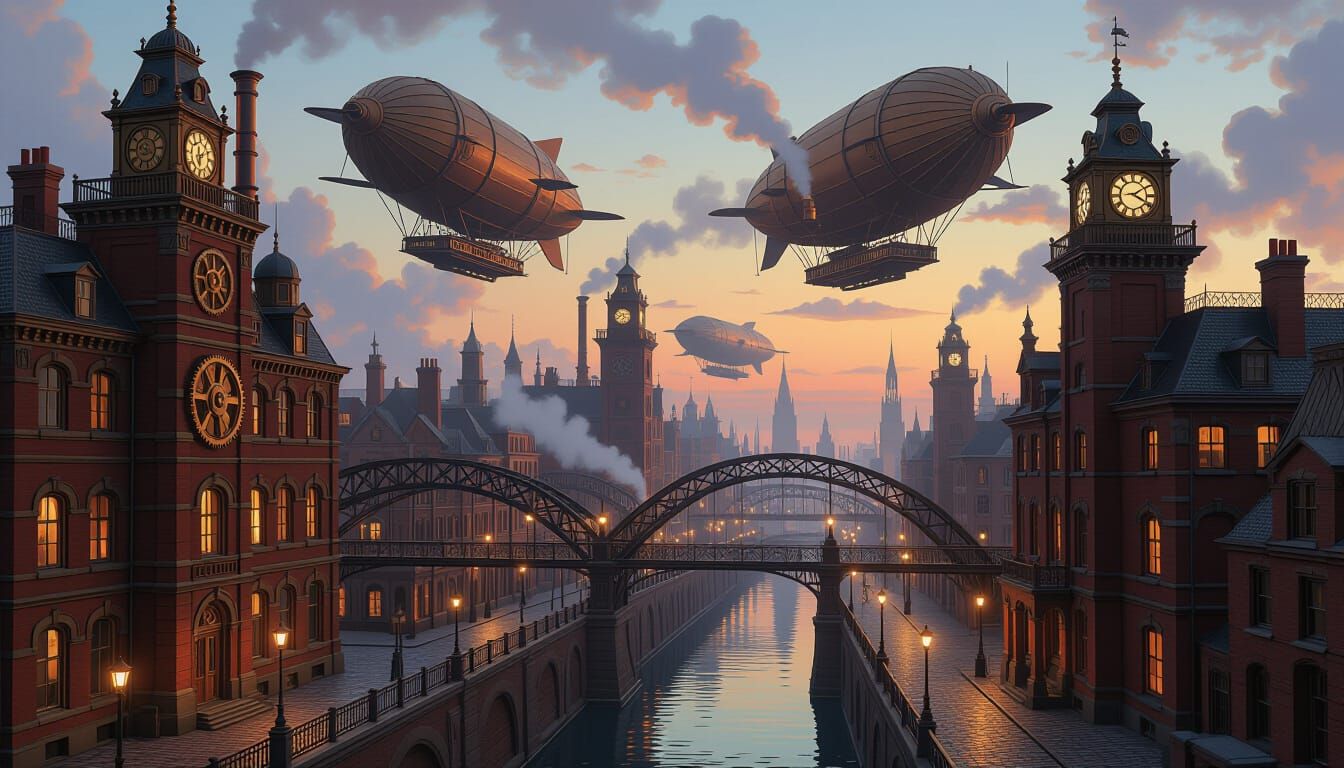 Steampunk Twilight Cityscape with Airships
